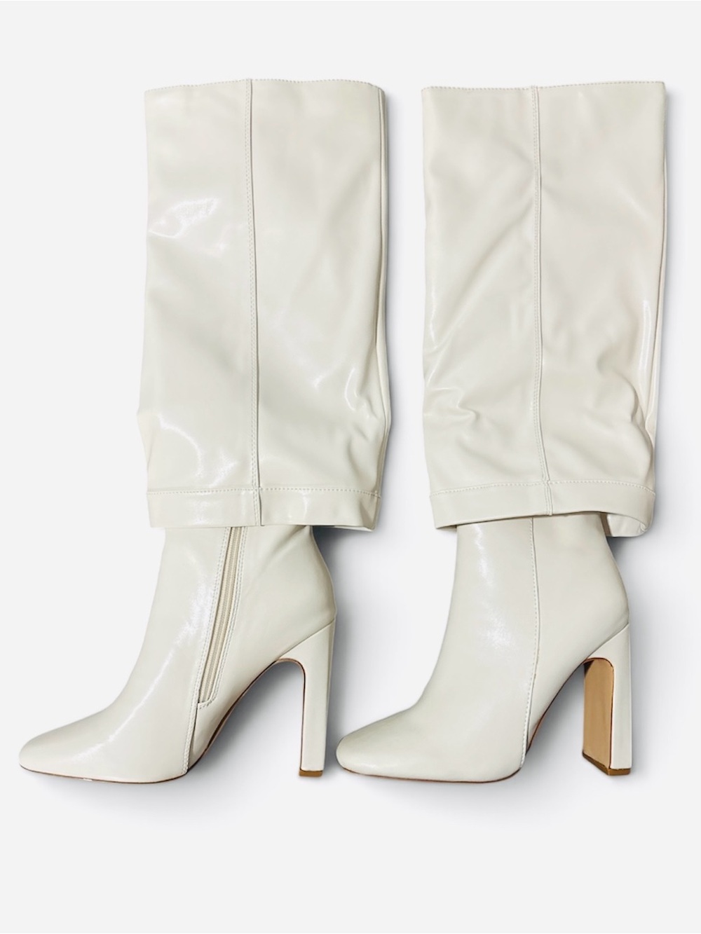 Cream Off-White Knee-High Vegan Leather Lulus Lorlia Boots, Size 7, New w/Box